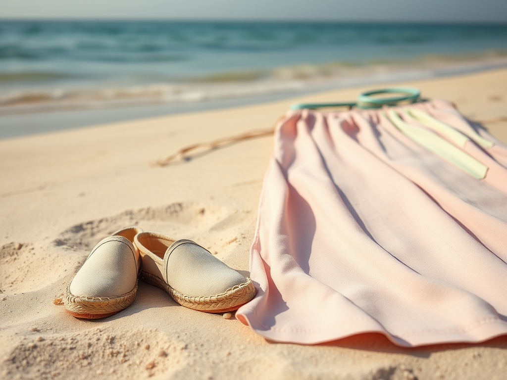 Sandały i różowa spódnica leżą na plażowym piasku, w tle widać morze i błękitne niebo.