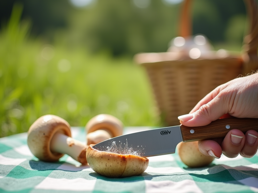 Krojenie świeżych pieczarek na piknikowej kracie w słoneczny dzień.