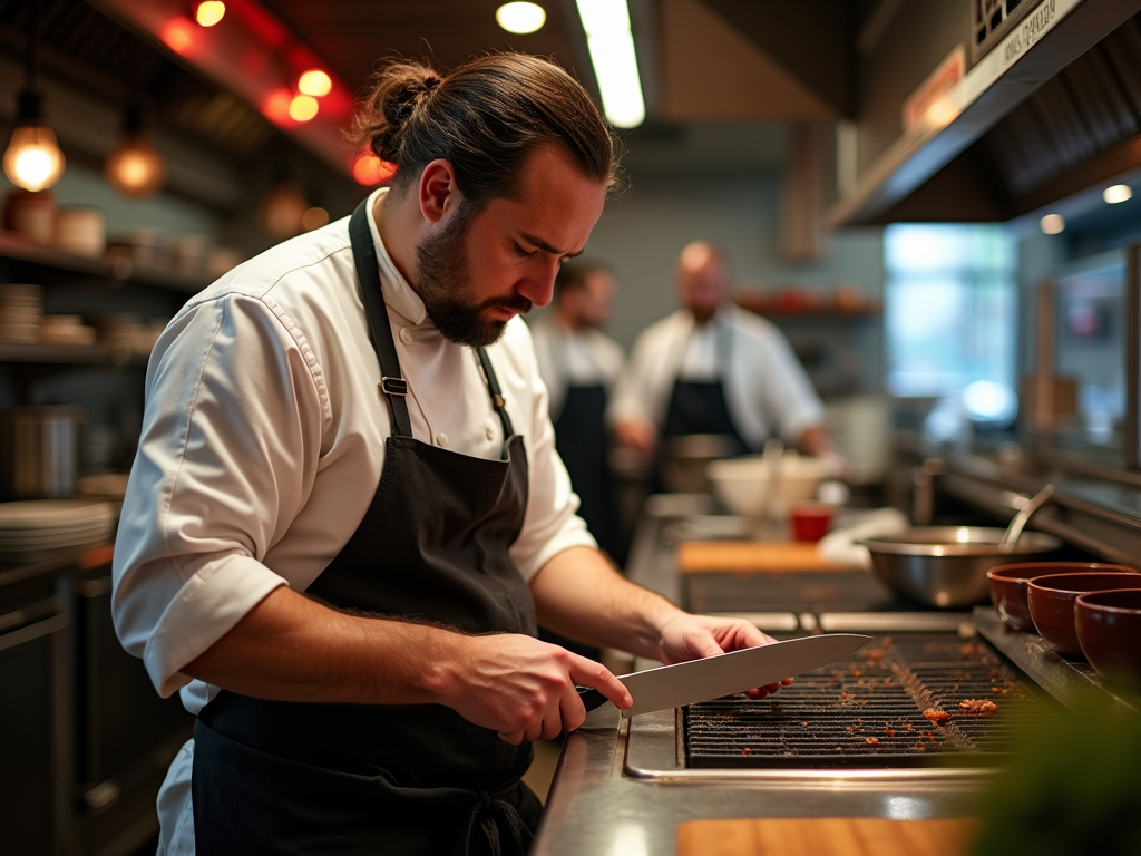 Mężczyzna w kuchni restauracyjnej skupia się na krojeniu składników na grillu.