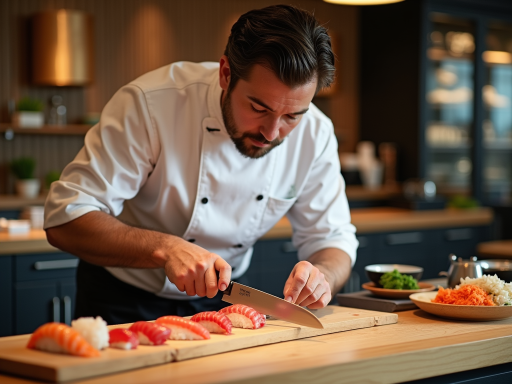 Szef kuchni skupia się na starannym przygotowywaniu sushi w nowoczesnej kuchni.