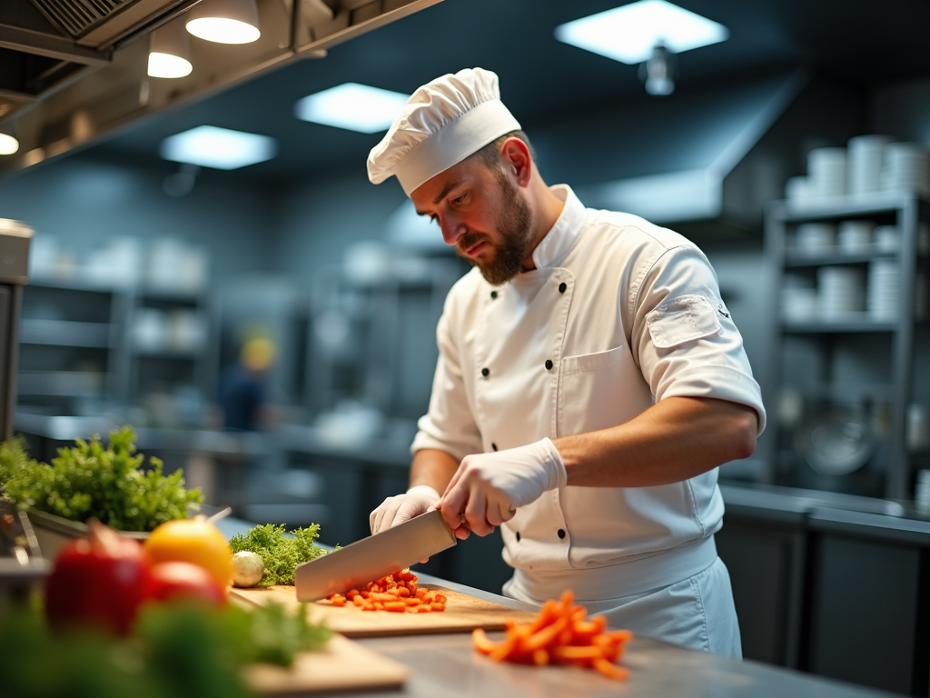 Kucharz w białym uniformie kroi warzywa w profesjonalnej kuchni restauracyjnej.