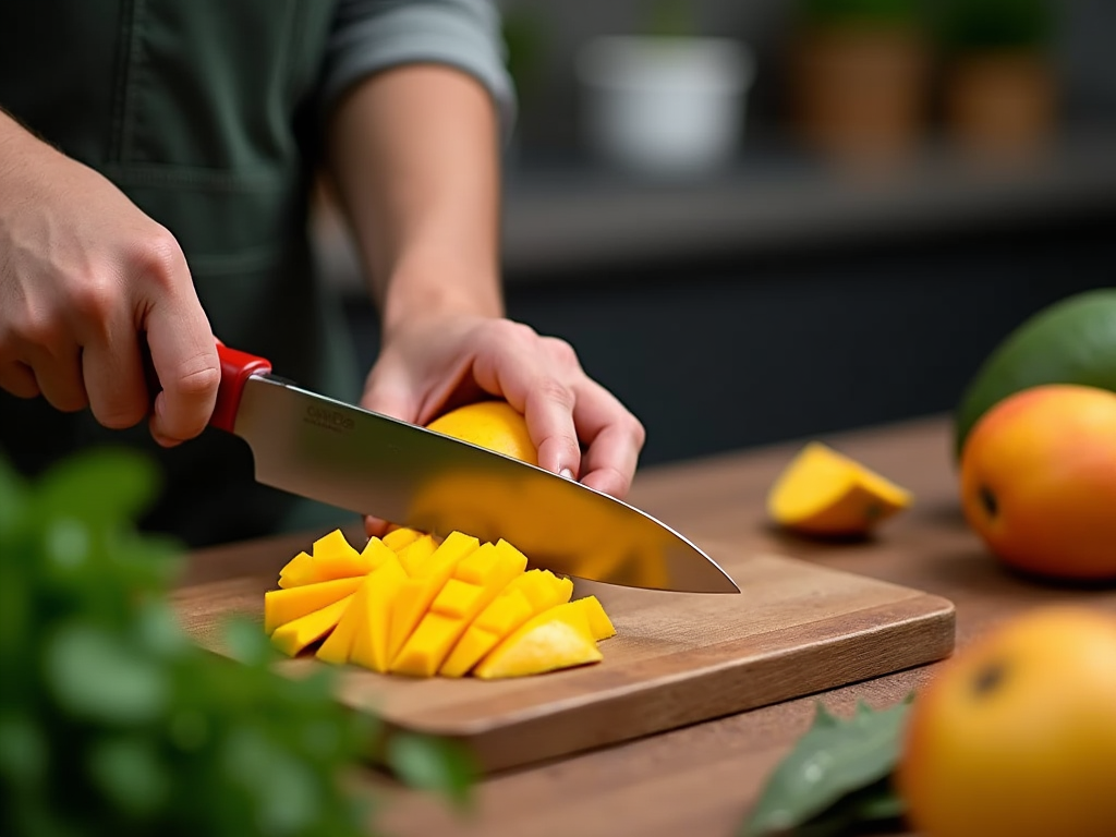 Osoba kroi mango na desce kuchennej, obok leżą inne owoce.