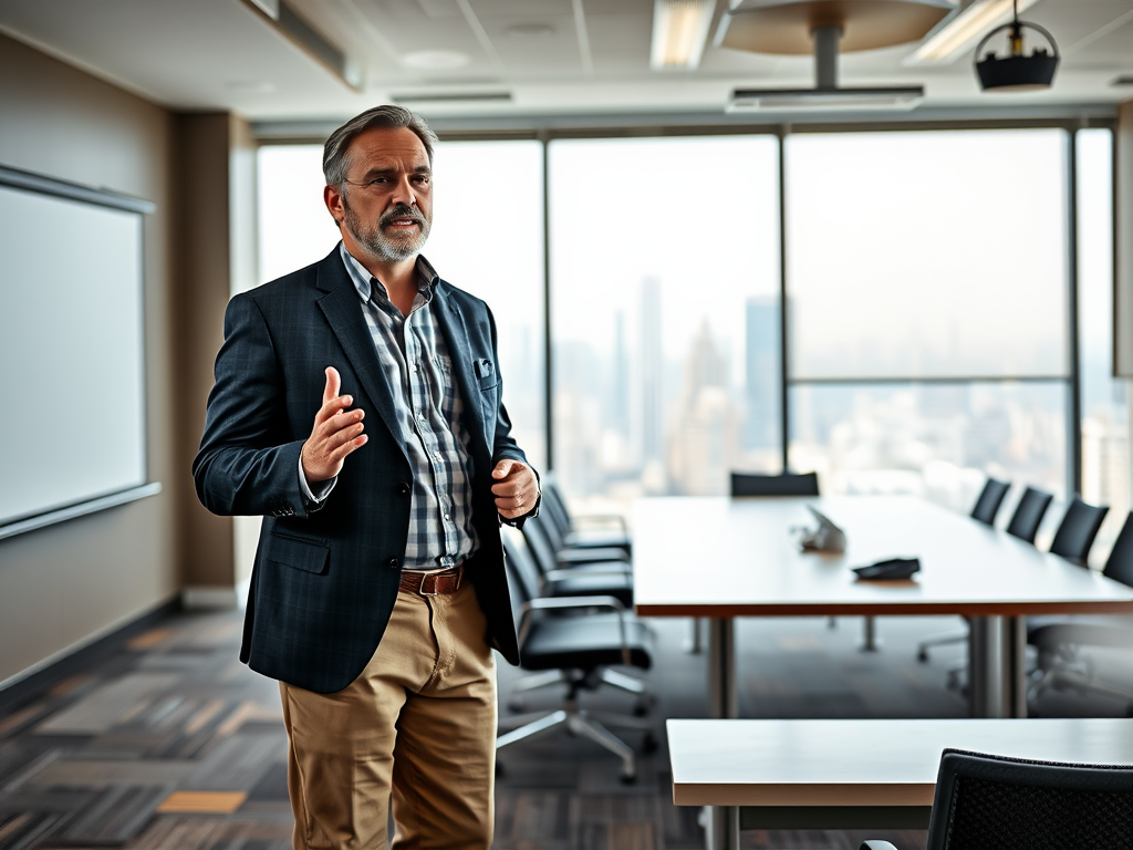 Businessman conducts a presentation in a modern conference room with a city view.