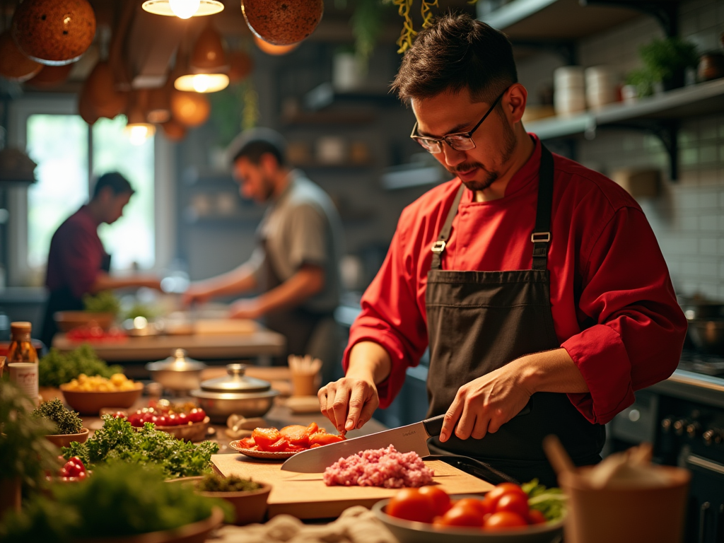 Kucharz w czerwonym fartuchu kroi pomidory w profesjonalnej kuchni restauracyjnej.